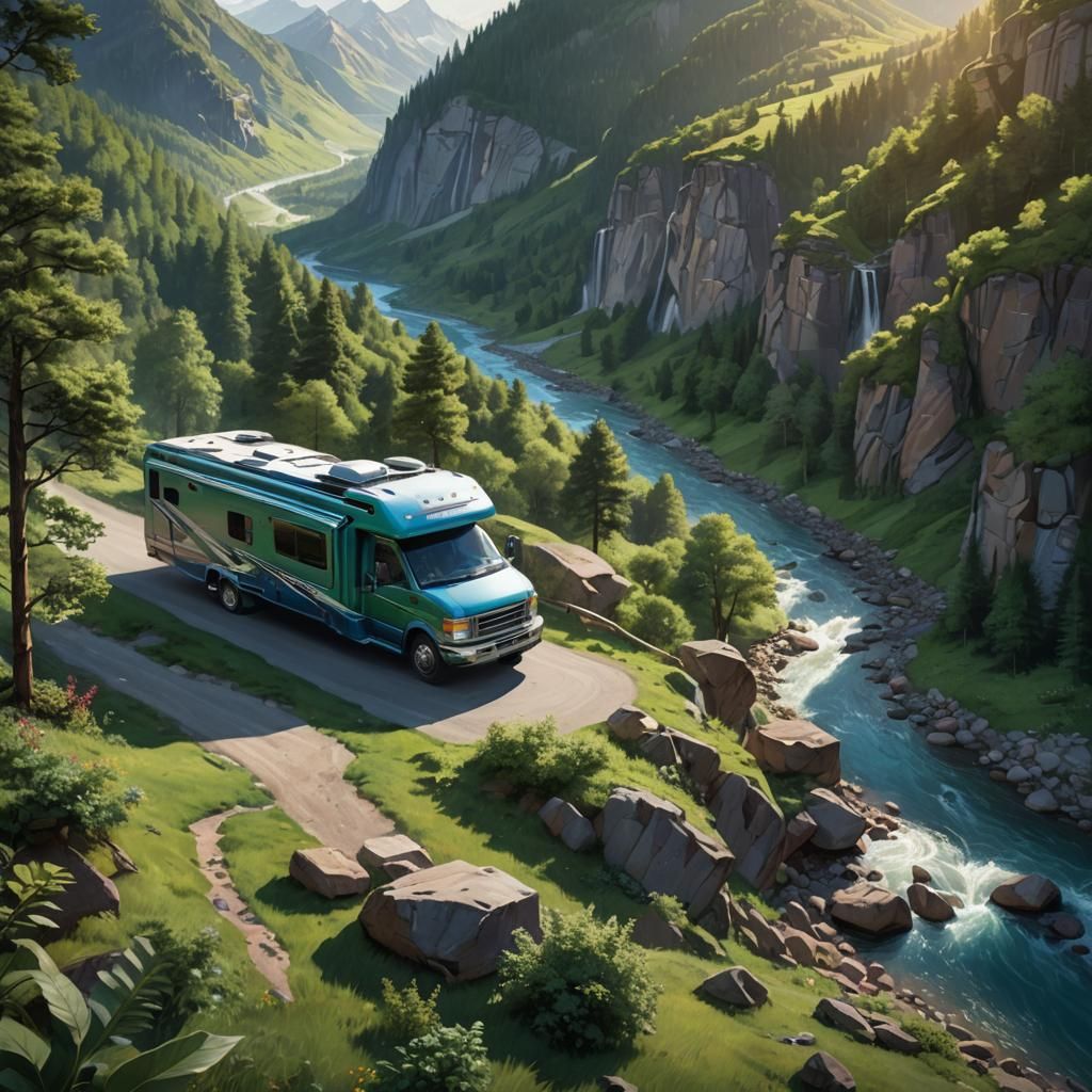 RV in Mountain Valley: Hyper-Realistic Concept Art