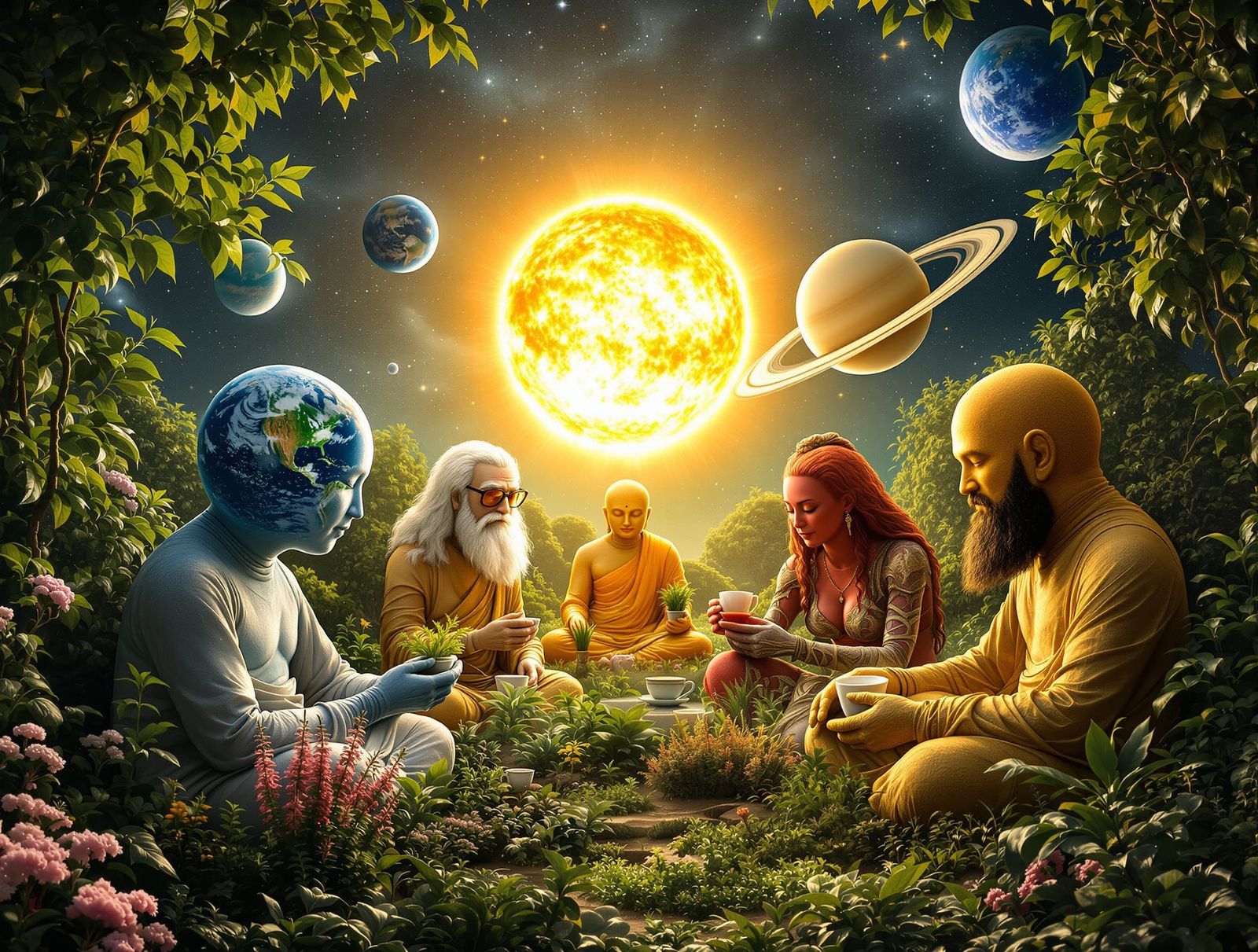 Cosmic Beings Gather in a Starlit Garden for Tea