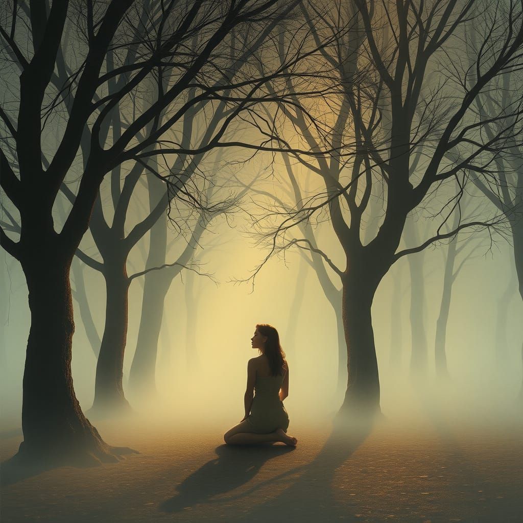 Muted Ethereal Landscape with Contemplative Woman