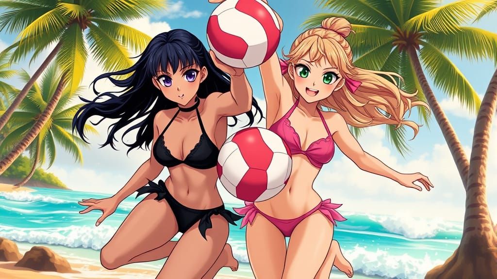 Surreal Beach Volleyball Scene in Vibrant Anime Style