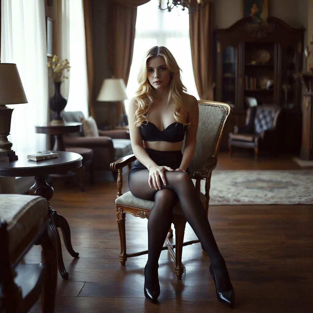 Elegant Woman in Film Noir Style Sits in Opulent Living Room