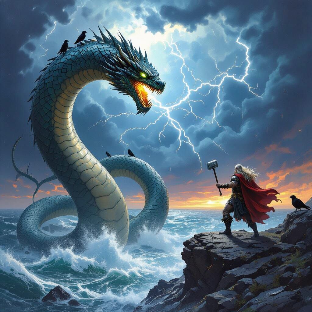Thor and Odin Confront Jörmungandr in Epic Fantasy Art