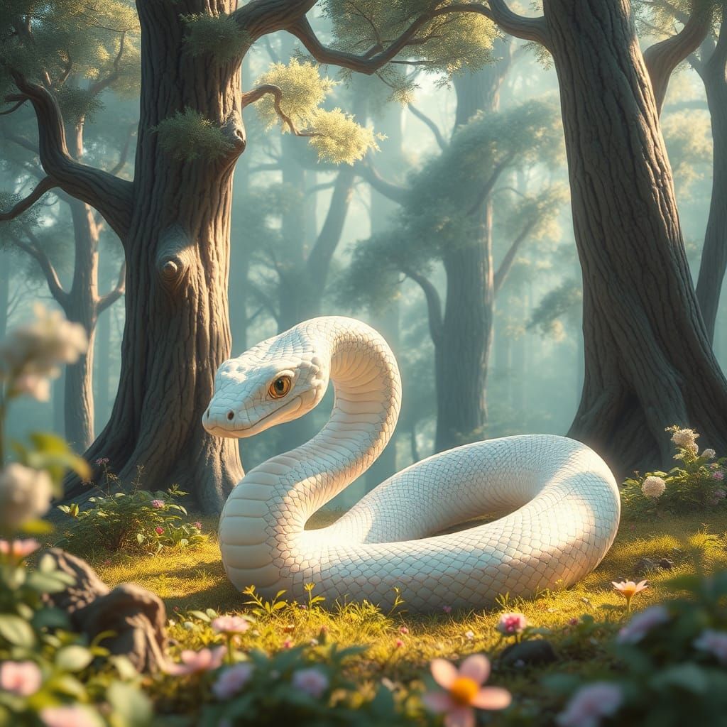Pastel Serpent in Whimsical Forest Landscape