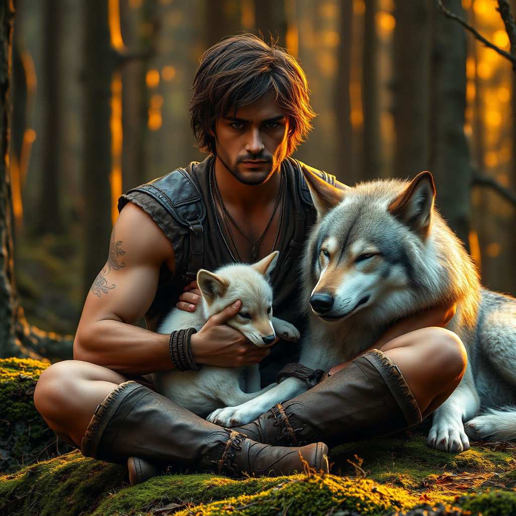 Man with Wolves in Mystical Forest