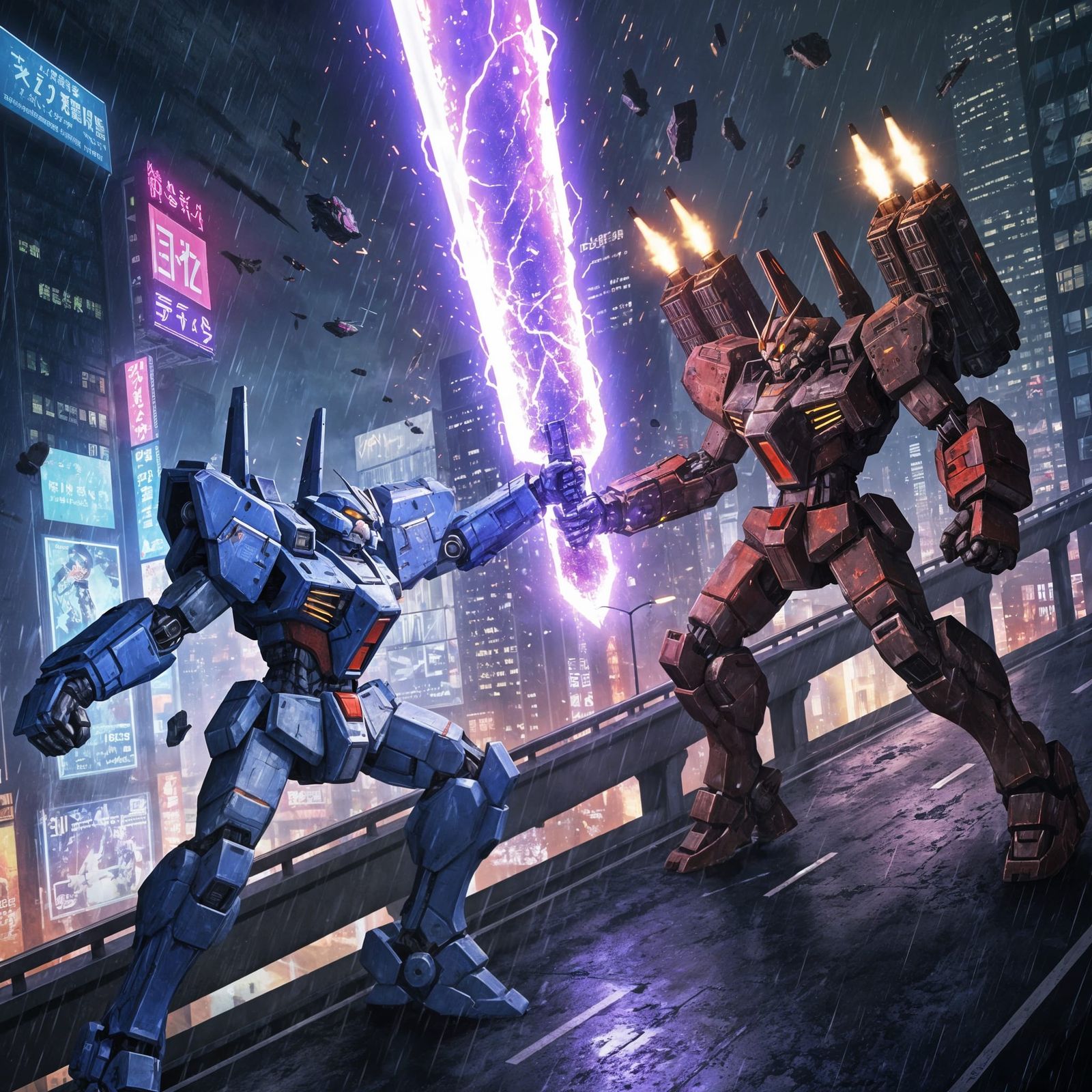 Cyberpunk Mecha Combat in Neon Cityscape