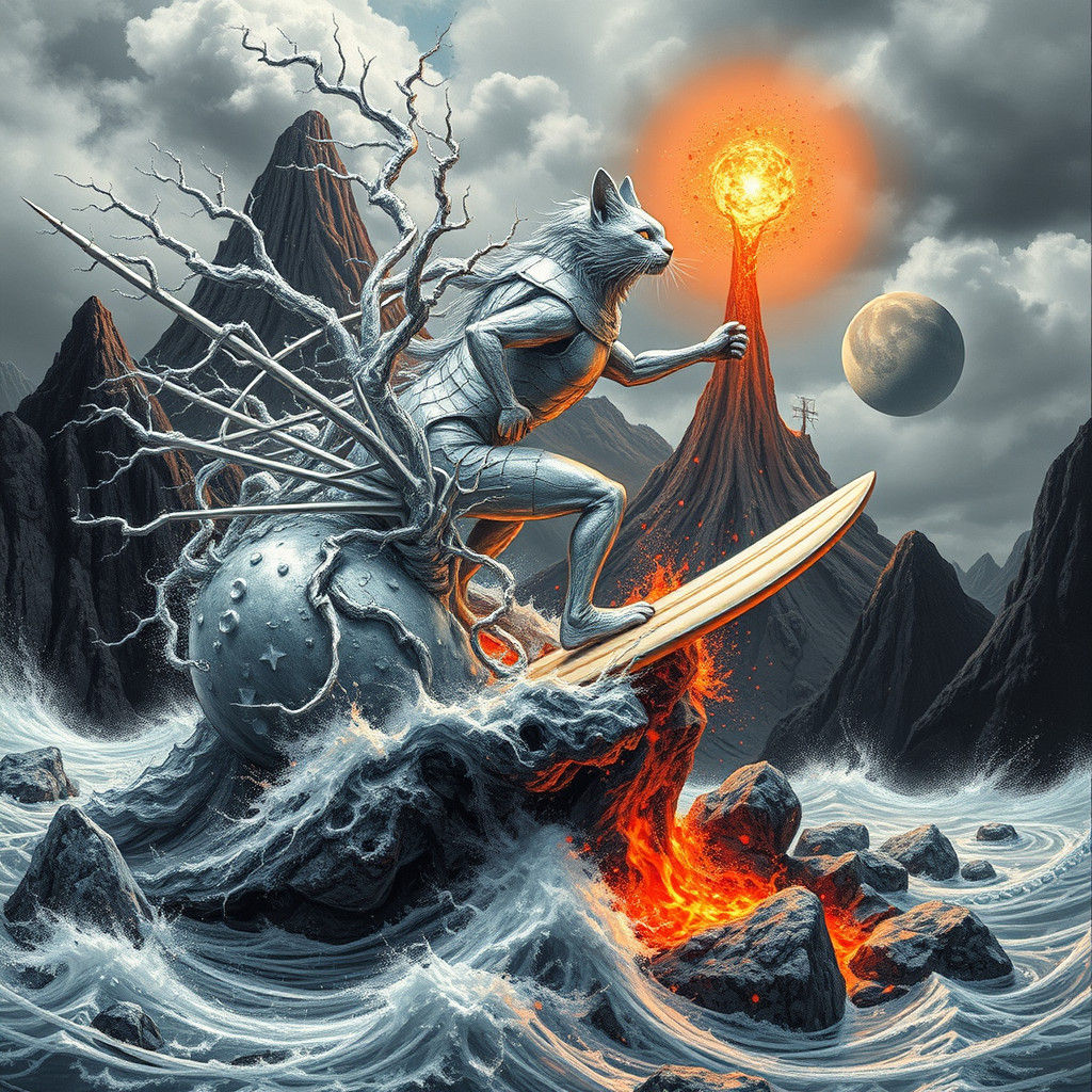Silver Surfer in a Maximalist Volcano Scene