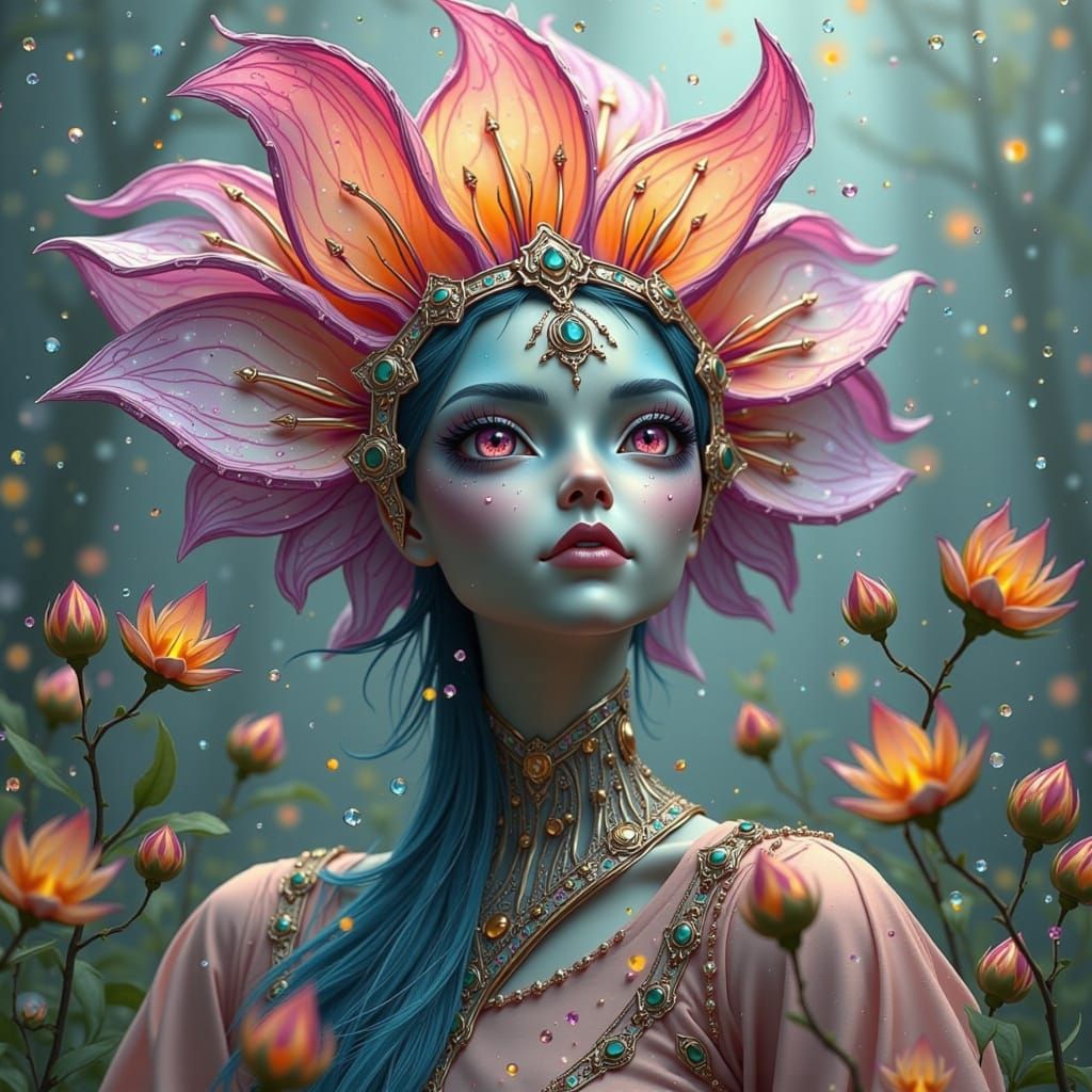 Female Shapeshifter as Flower in Watercolor Style