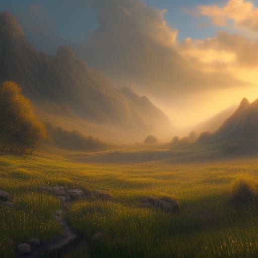Realistic Valley Meadow at Soft Sunrise