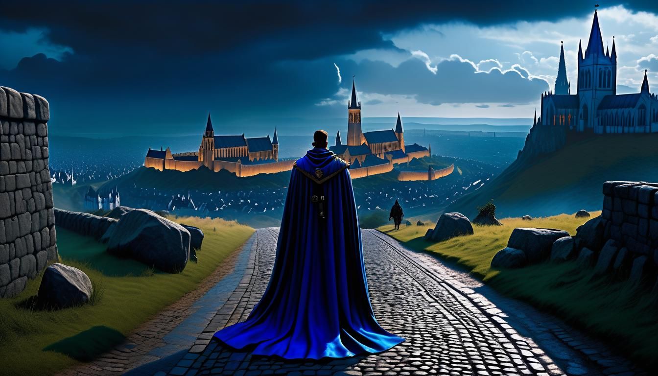 Druid and Guardsman Watch Gothic City in Dark Fantasy