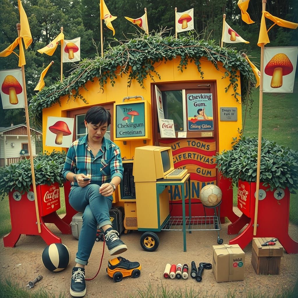 Centenarians Repairing Computer in Chewing Gum House