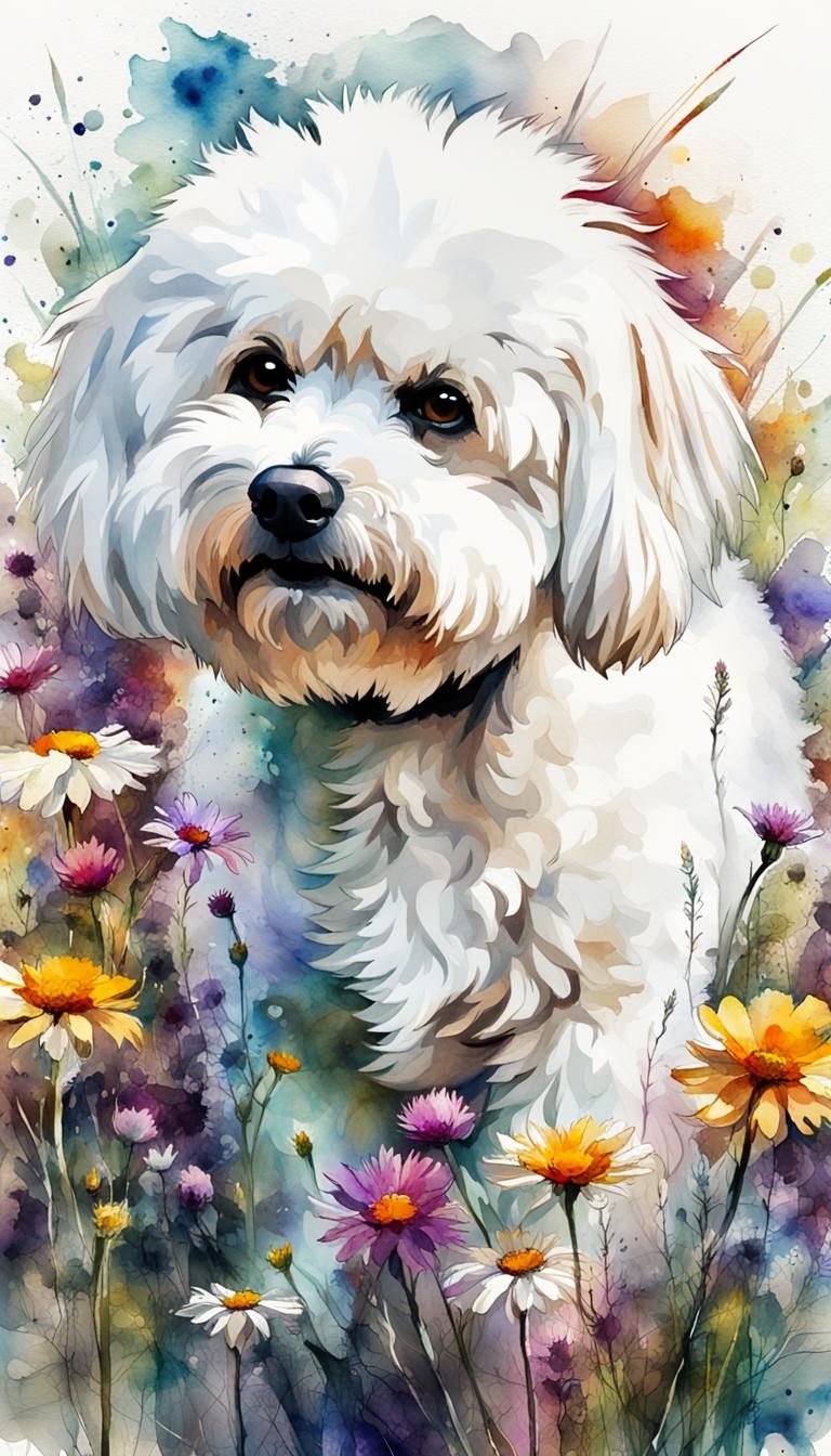 Bichon Frise in Watercolor Flower Garden