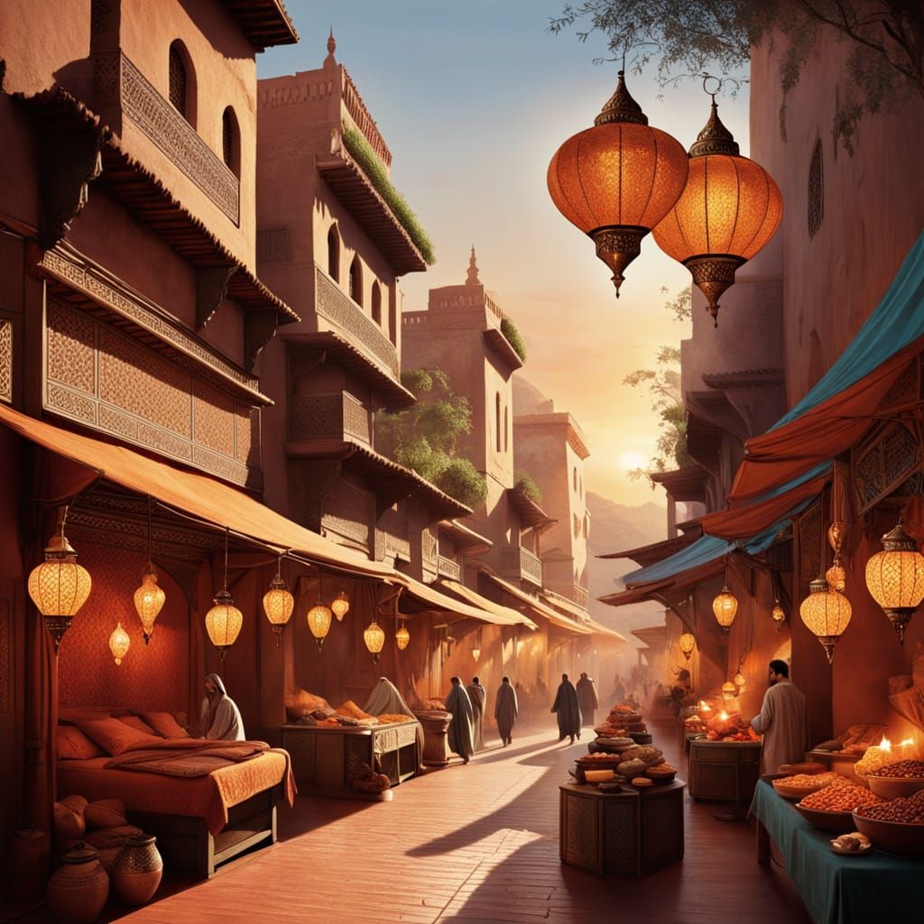 Moroccan Spice Market at Sunset, Vintage Travel Poster