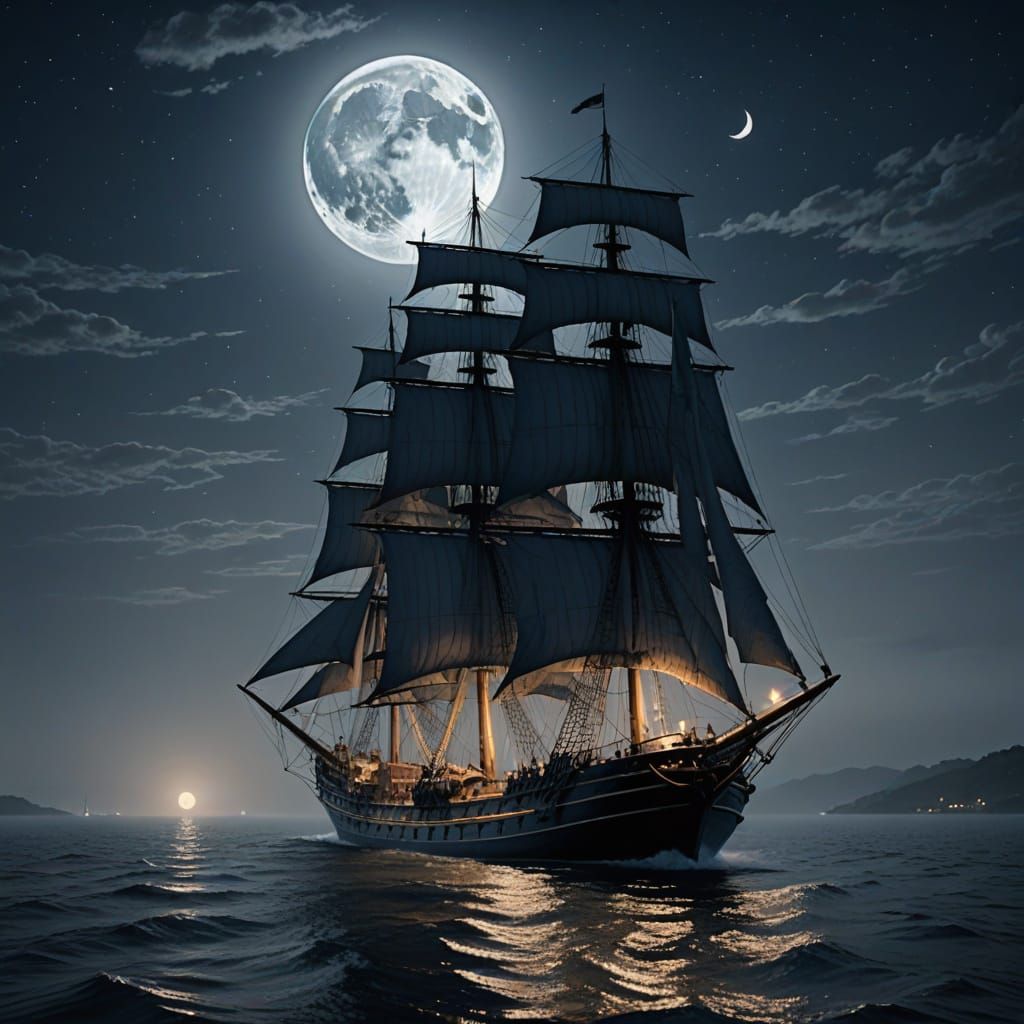 Sailing Under Twin Moons in a Dreamy Watercolor Haze