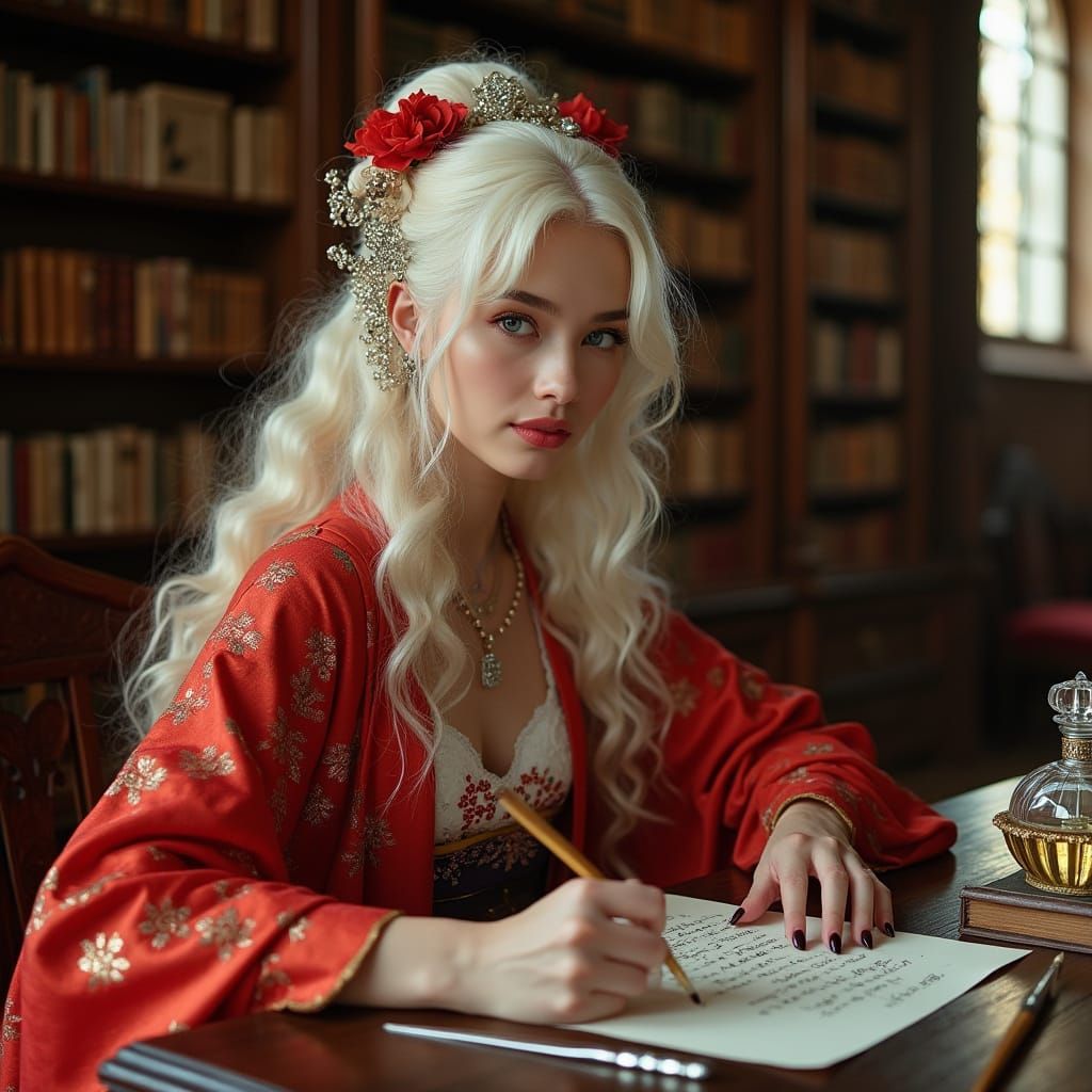 Elegant Woman in Red Hanfu Creates Calligraphy in Gothic Lib...