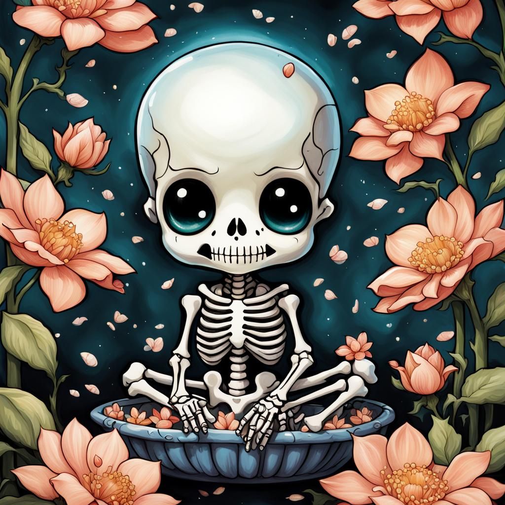 Chibi Baby Skeleton in Floral Fantasy Art