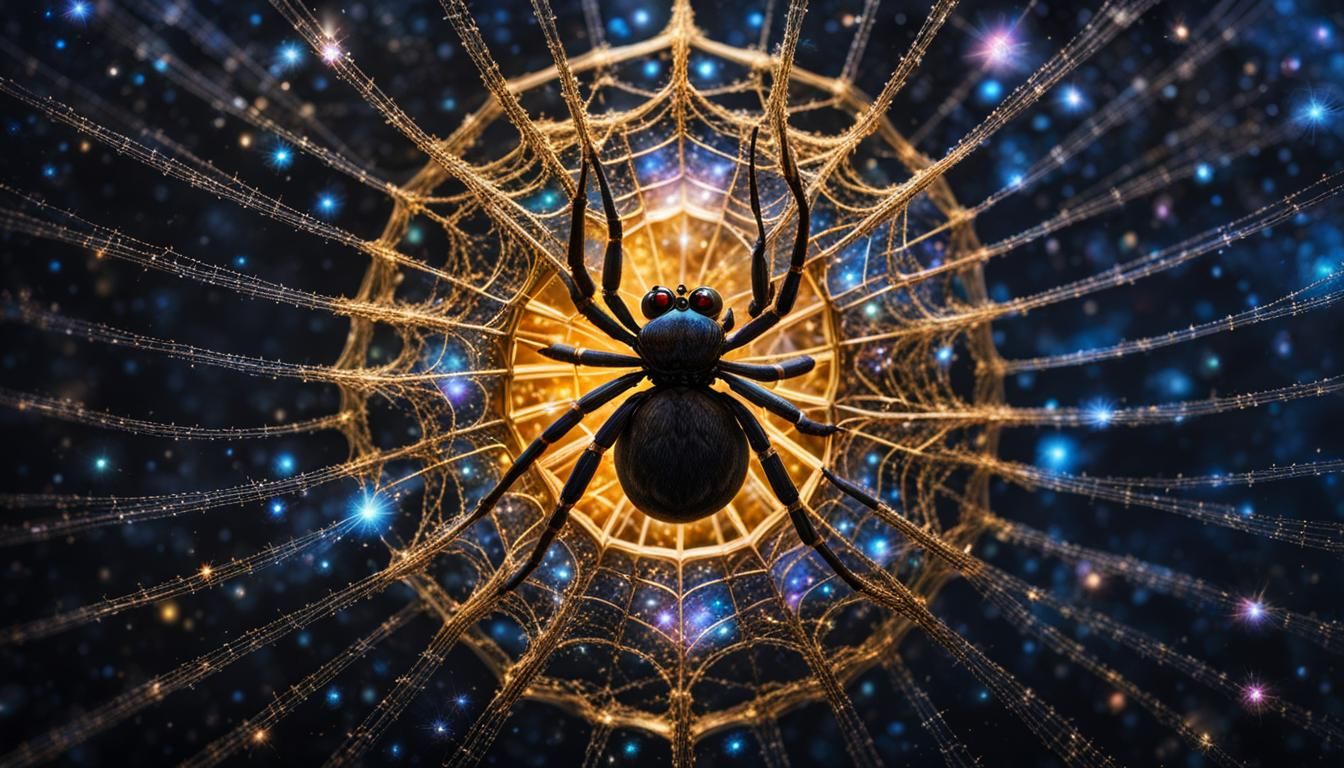Spider Spinning Web Between Stars in Hyperrealism