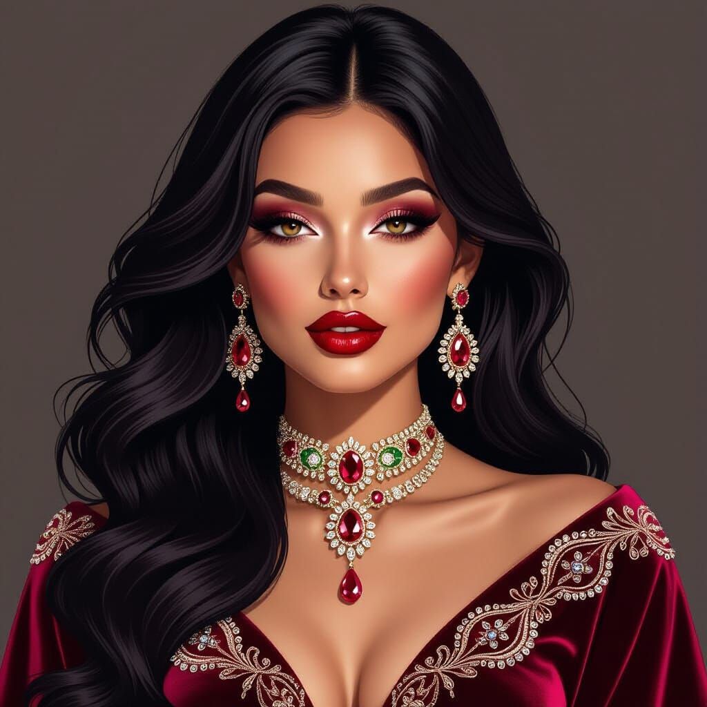 Raven Haired Beauty with Ruby Lips and Diamond Choker