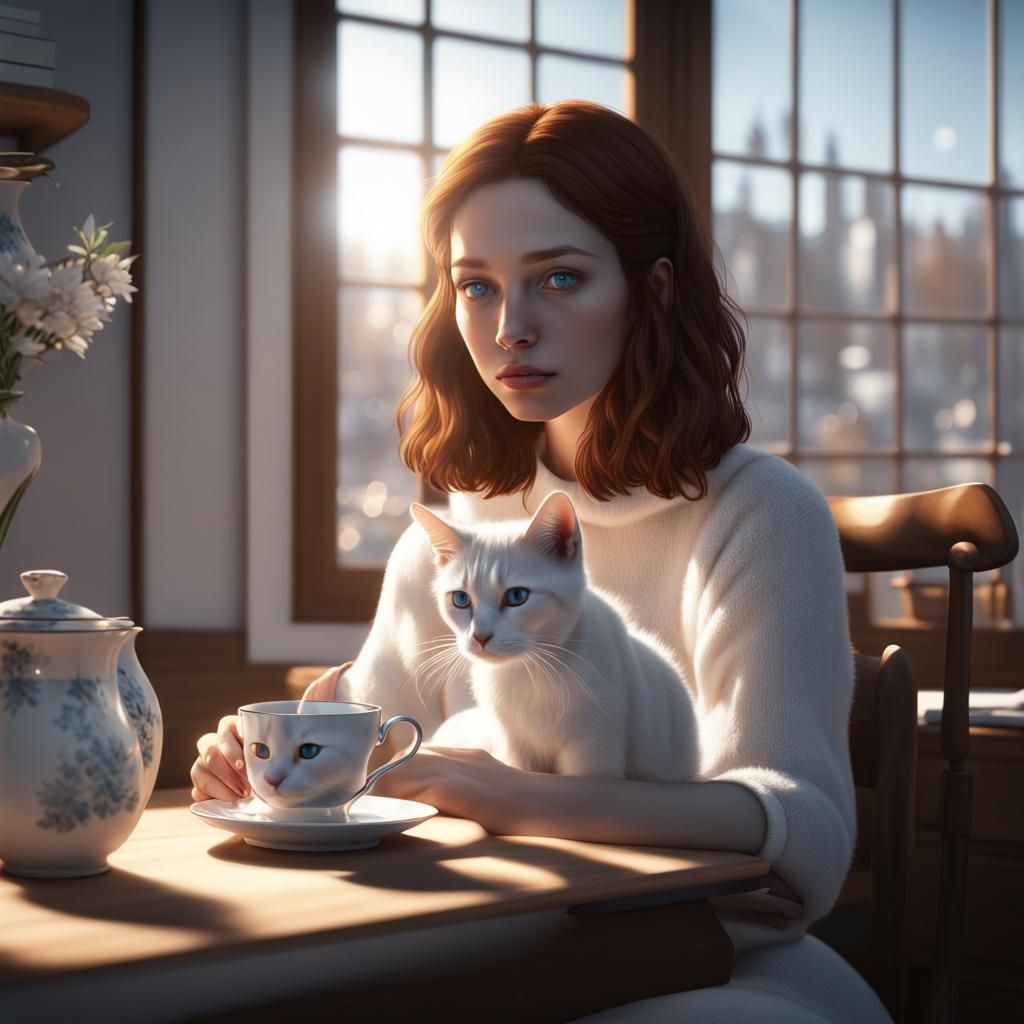 Girl with Cat Enjoying Tea: 3D Rendered Office Scene