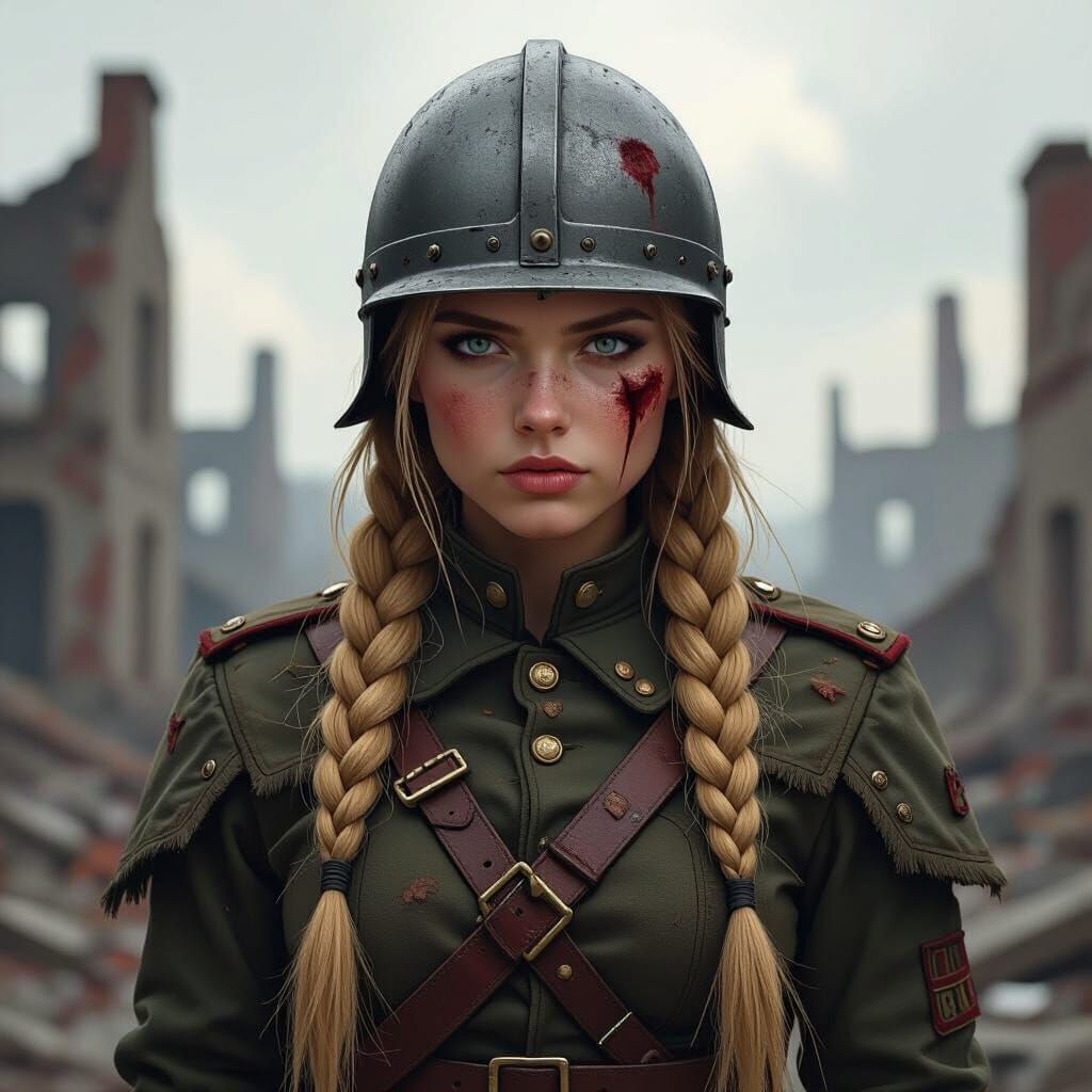 Proud Nordic Warrior Girl Poses Amidst Ruins