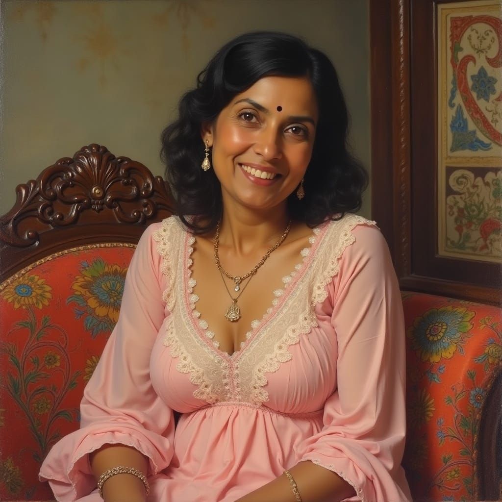 Warm Bengali Step Mom in Pastel Pink V-Neck Nighty