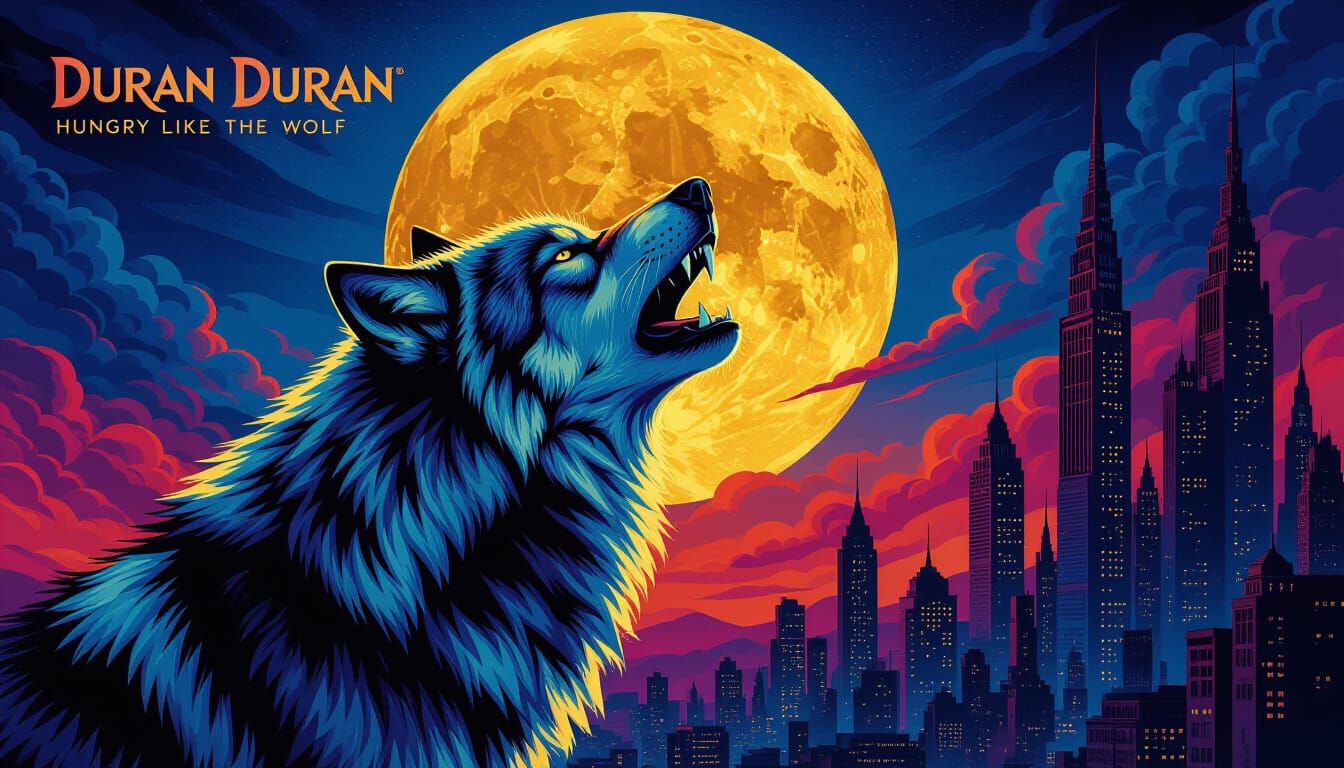 Surreal Wolf Howling at Moon Over Gothic City
