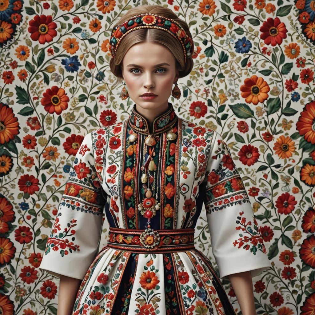 Polish Woman in Embroidered Dress, High Fashion Photo