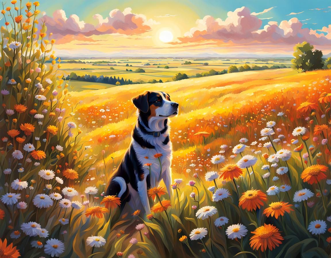 Prairie Dog in Sunny Floral Landscape, Gouache Style