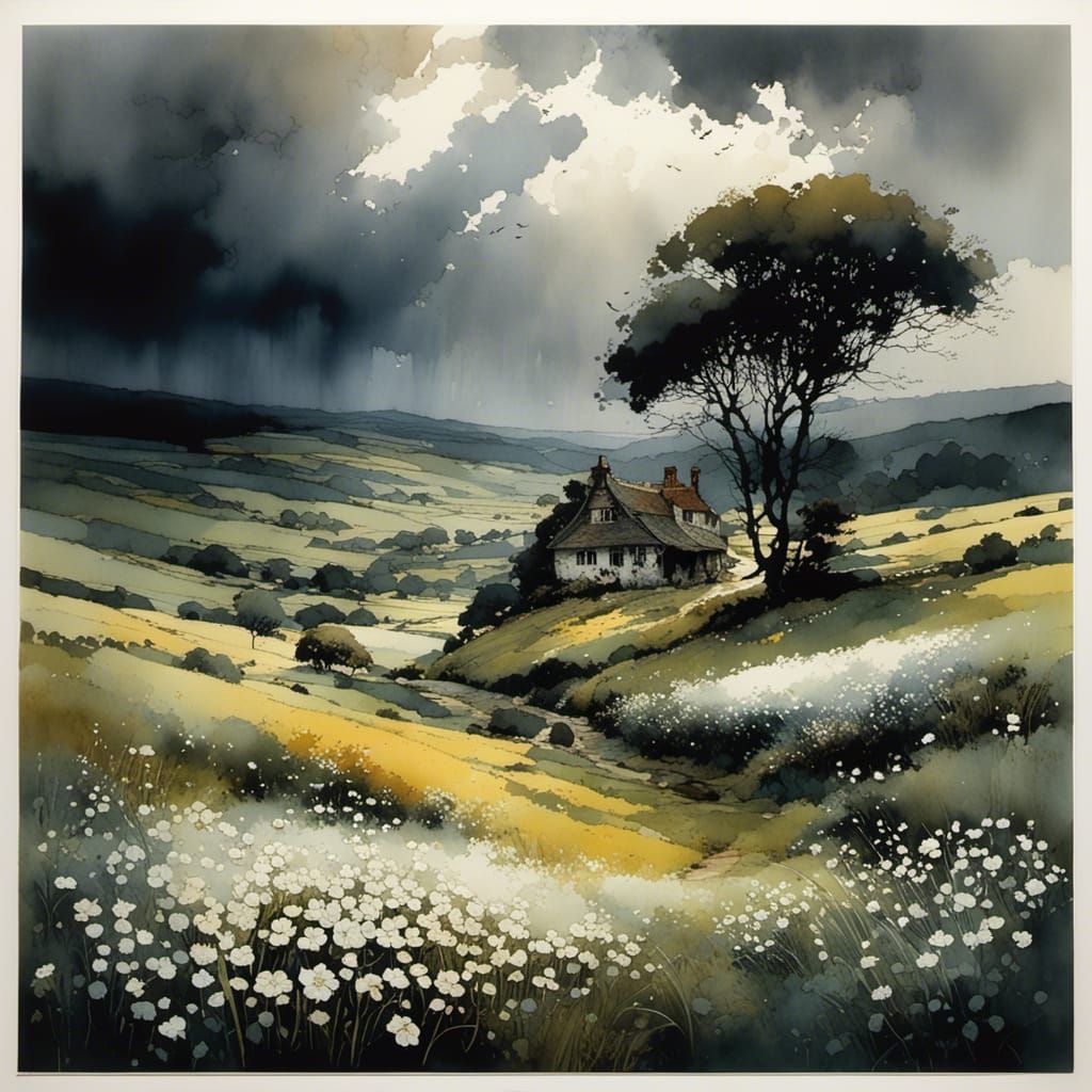 Detailed Landscape with Storm Clouds and Flowers