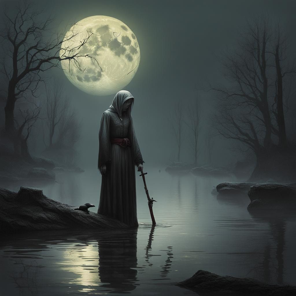 Fragile Woman Weeping in Foggy Lake, Romanticism Style