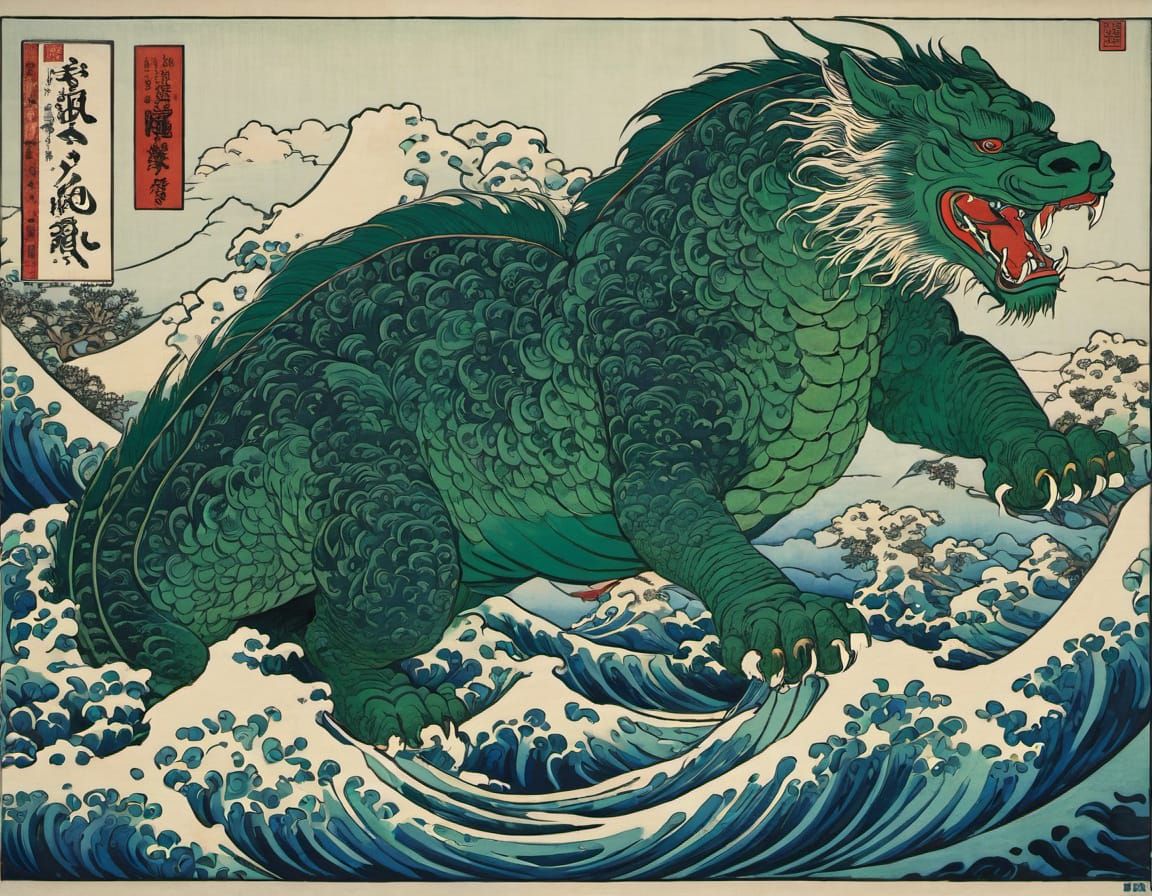 Mythical Creature Woodblock Print in Ukiyo-e Style