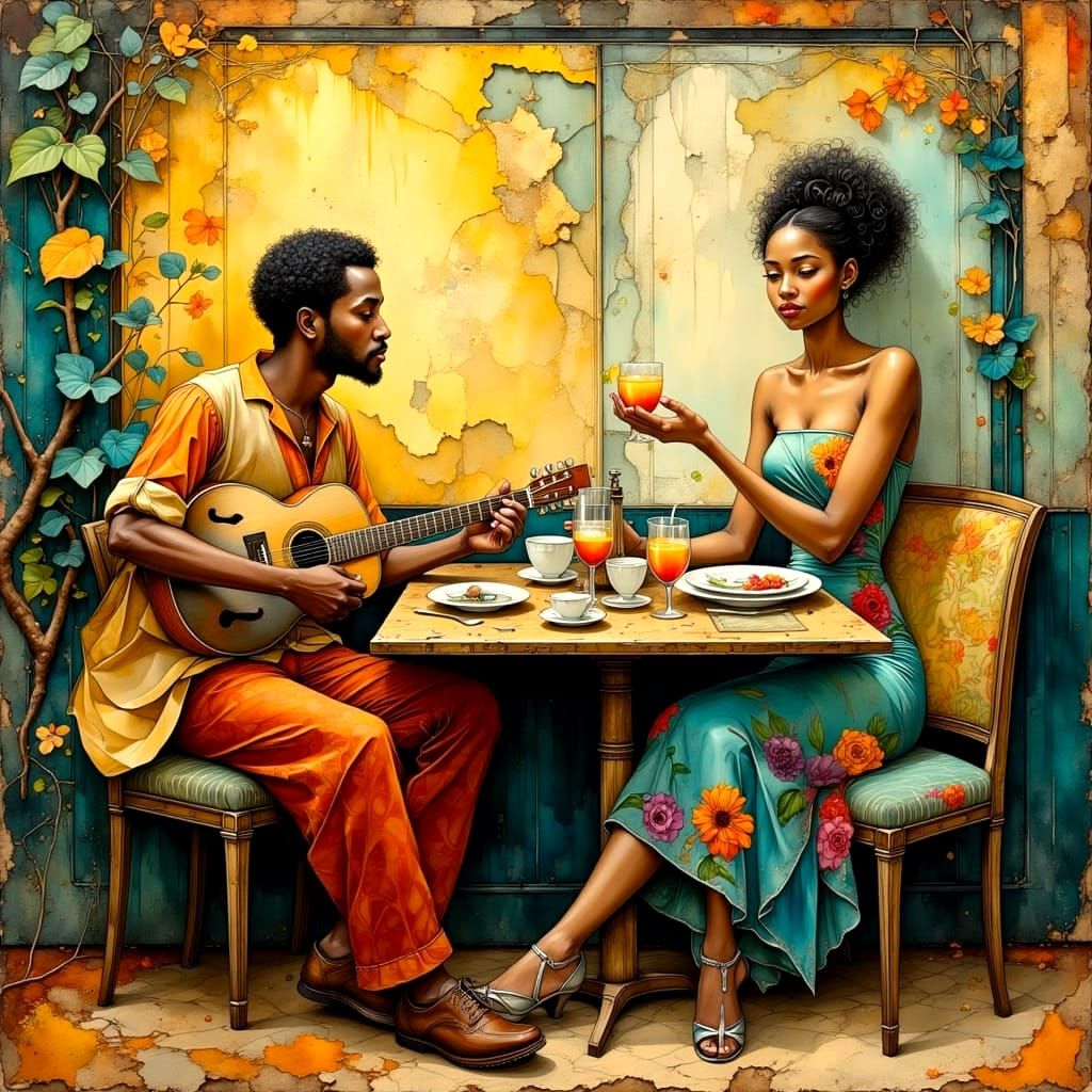 Jazz Player with Waitress in Impasto Oil Painting