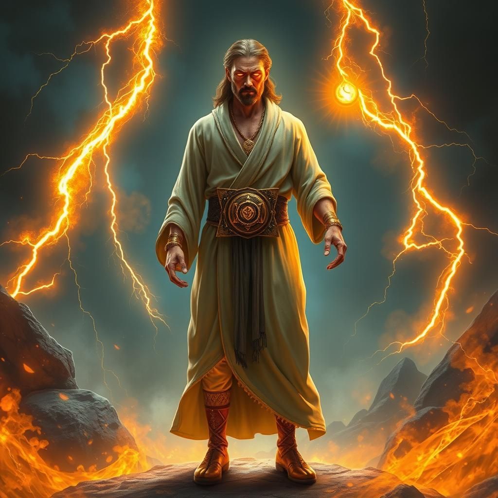 Ethereal Figure in Linen Robes with Golden Belt