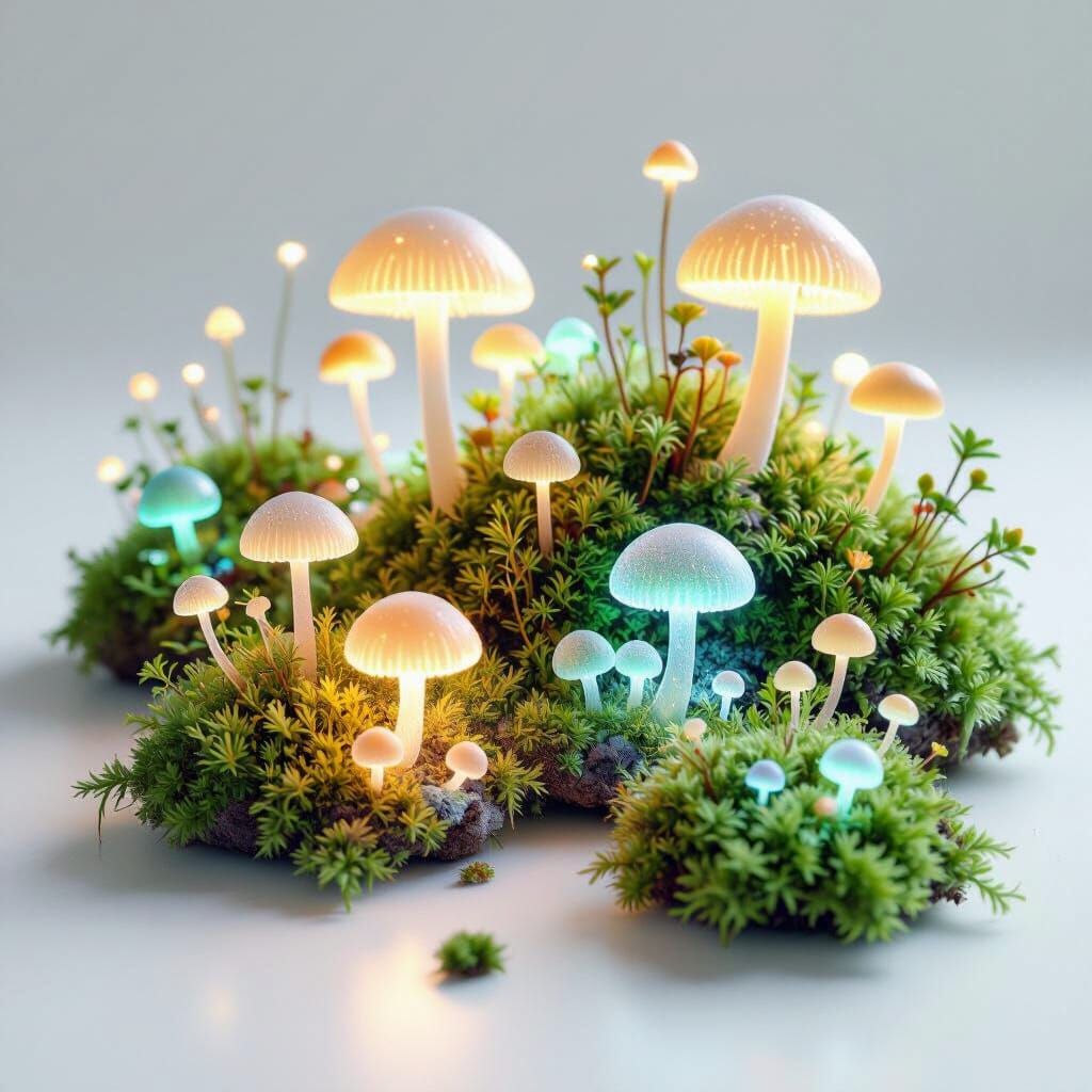 Bioluminescent Moss & Fungi in 3D Macro Photography Style