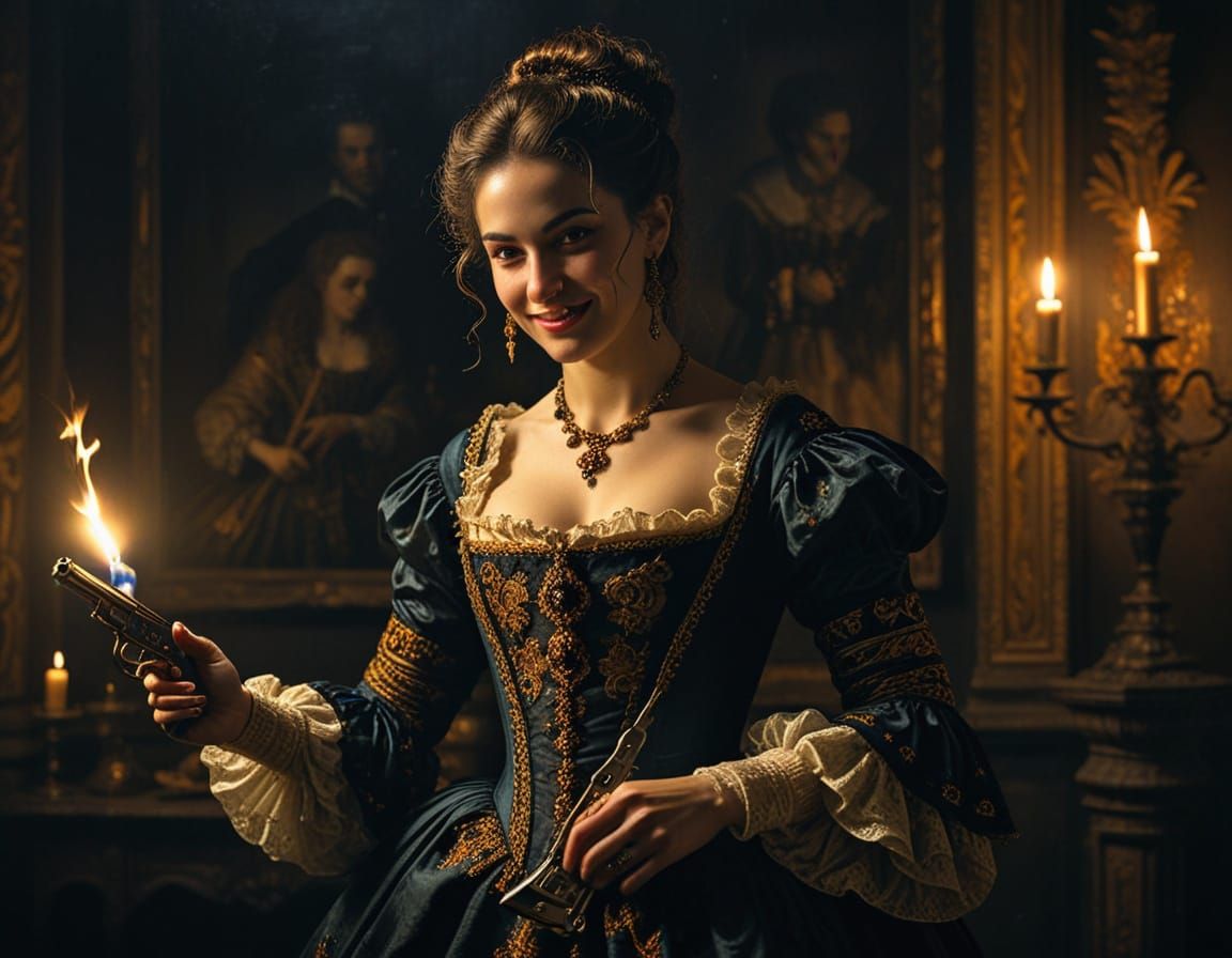 Baroque Woman with Flintlock Pistol in Rembrandt Style