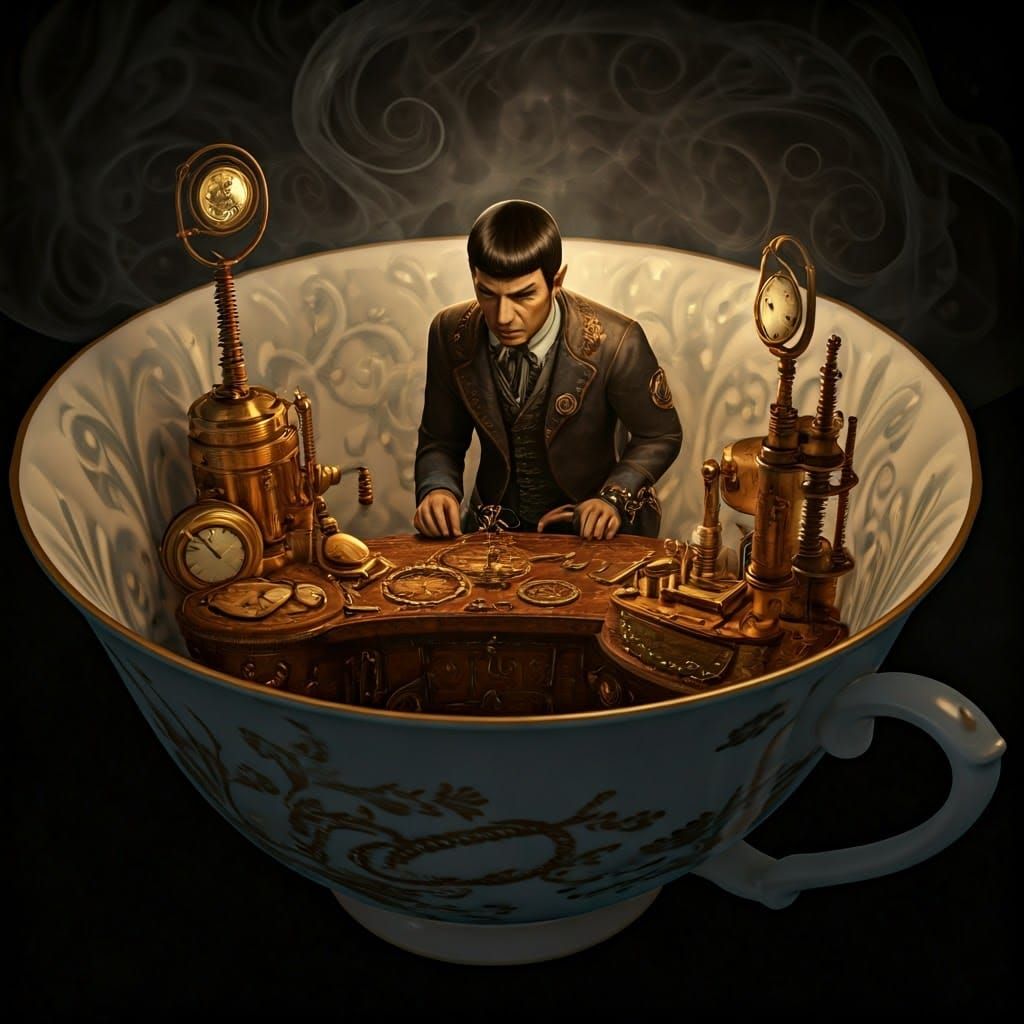 Steampunk Spock in Teacup, Jules Verne Style, 3D Render