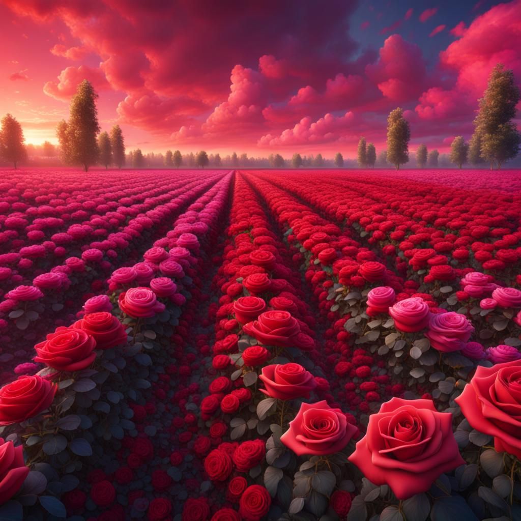 Vivid Rose Field and Sky: Fantasy Concept Art