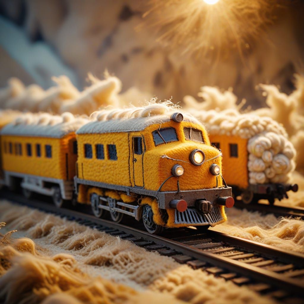 Surreal Felt Train on Tracks in Macro Photography