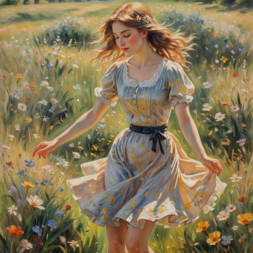 Impressionist Painting: Young Woman Dancing in Meadow