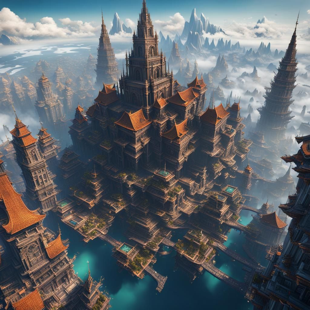 Fantastical Floating City Concept Art in Deep Color