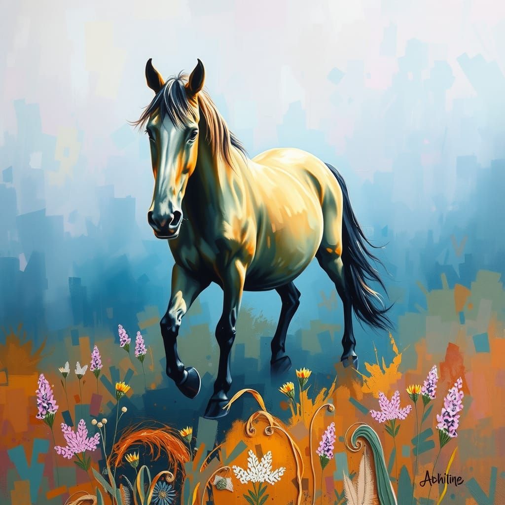 Wild Horse in Misty Scene as Expressionist Oil Painting