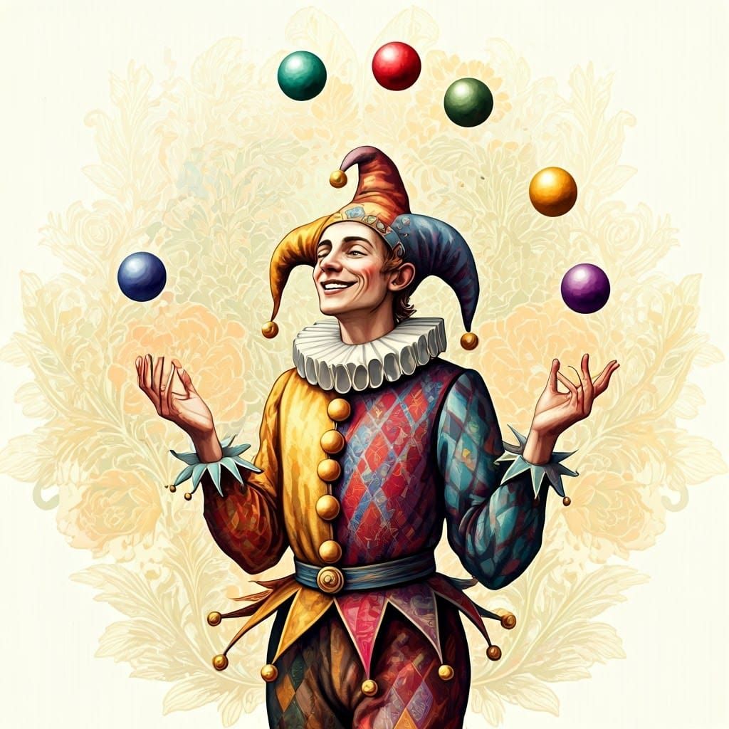Vibrant Medieval Jester in Whimsical Motion