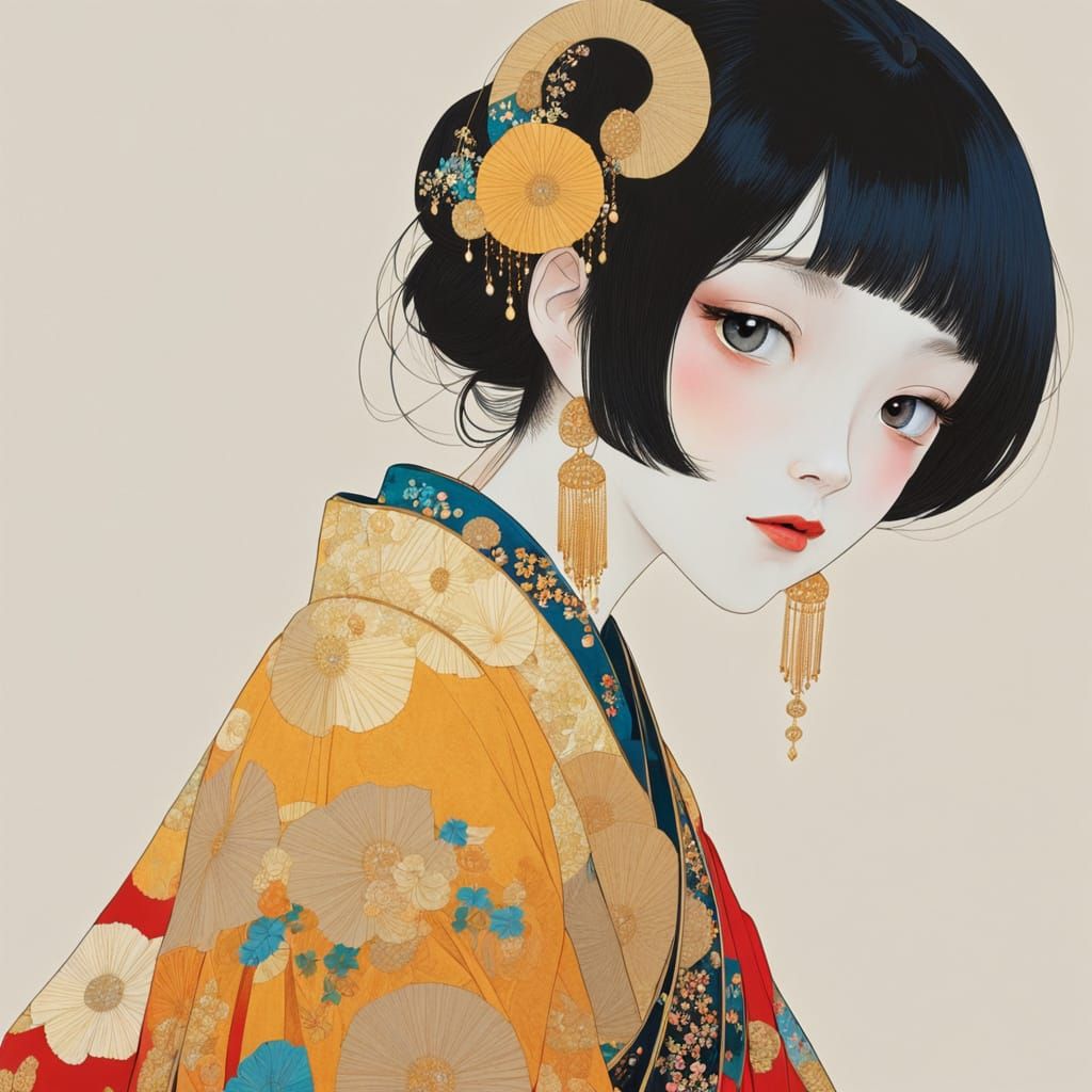 by Conrad Roset and Gustav Klimt and Yoshitaka Amano