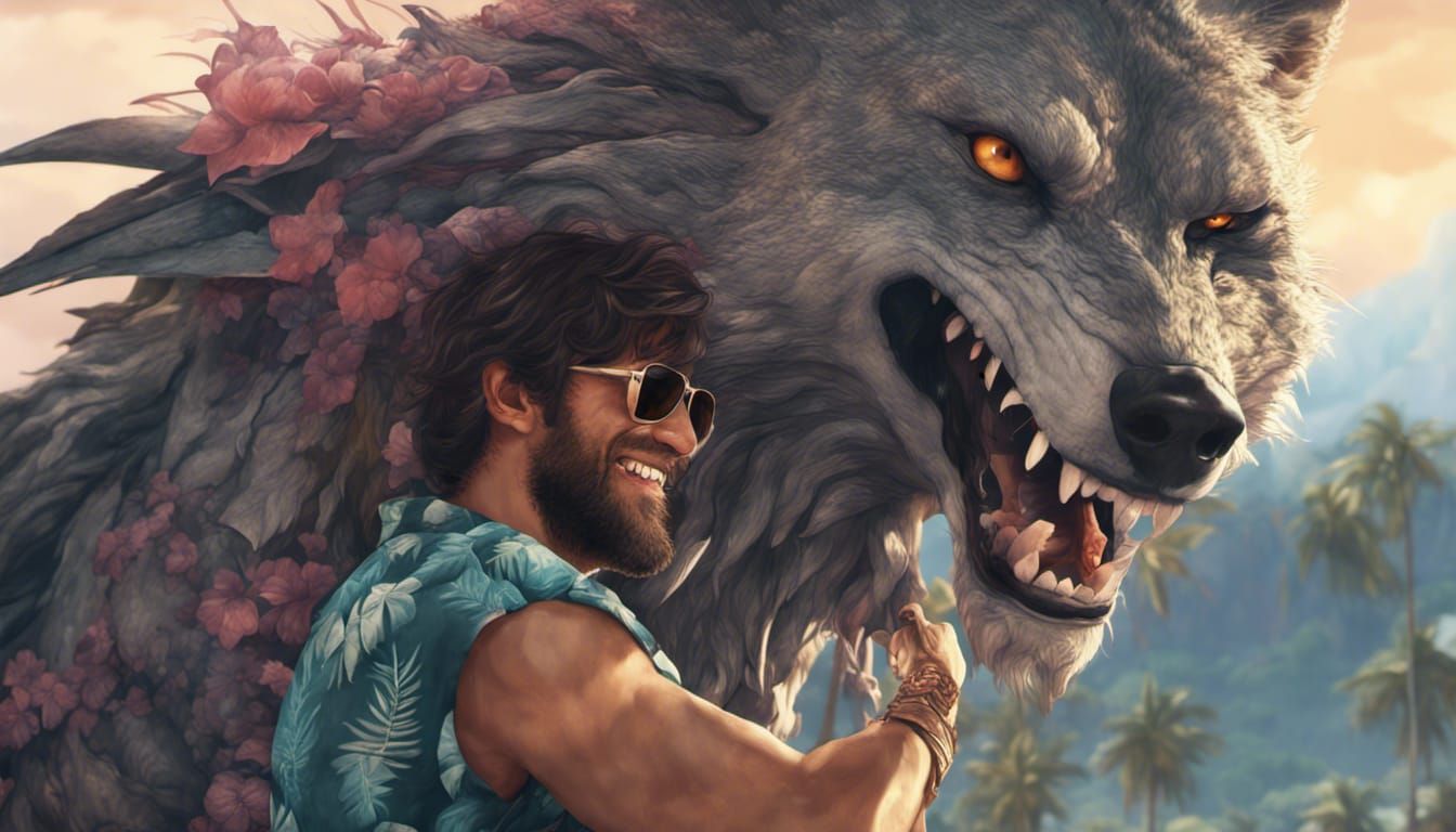 Man Hugging Fenrir in Detailed Fantasy Art