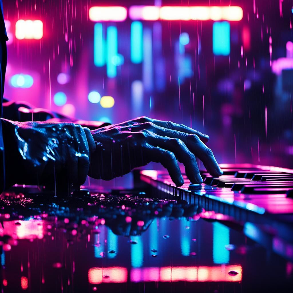 Cyberpunk Piano Player in Rainy Cityscape