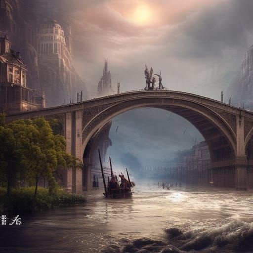 Cinematic Bridge Scene with Unfurled Flag