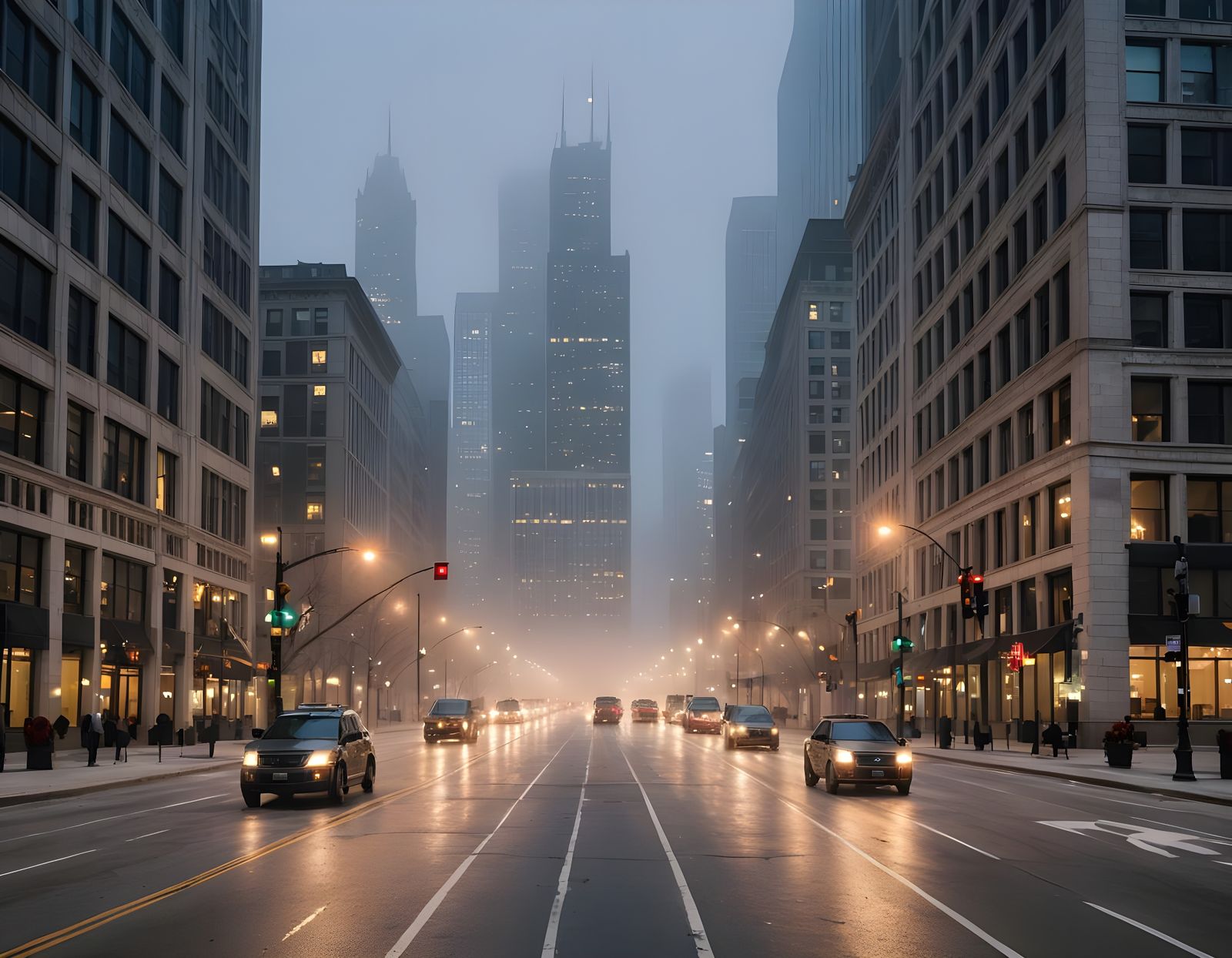 Chicago Street Scene: Mist and Ornate Lights