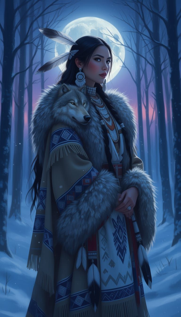 A woman in traditional Native American clothing, adorned wit...