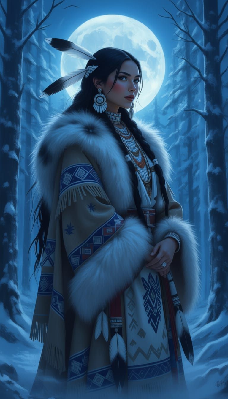 A woman in traditional Native American clothing, adorned wit...