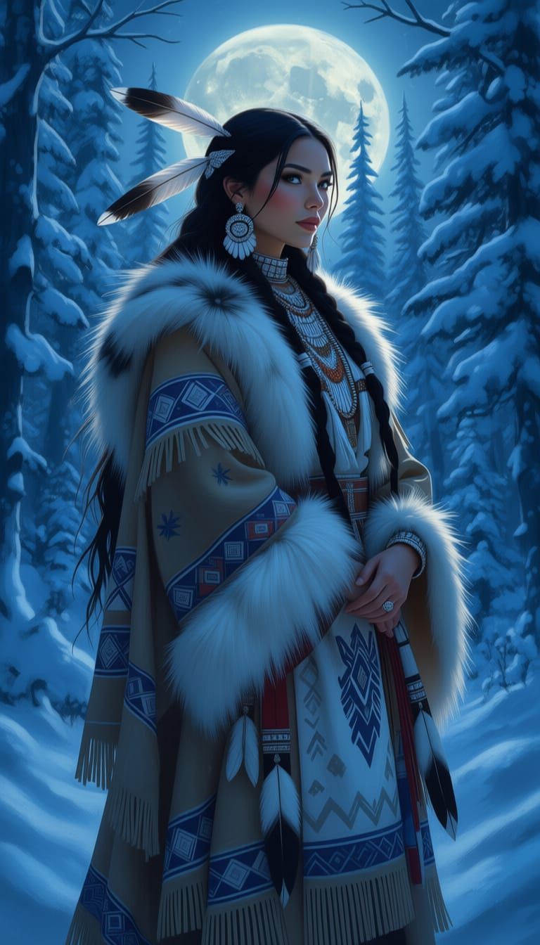 A woman in traditional Native American clothing, adorned wit...