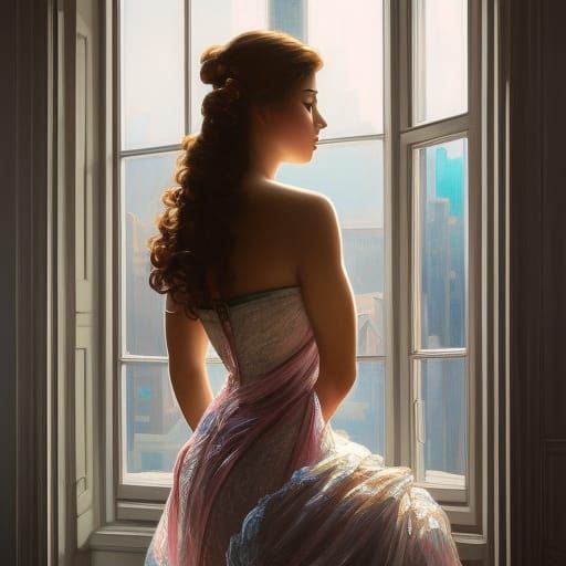 Girl Gazing from Window in Classical Style